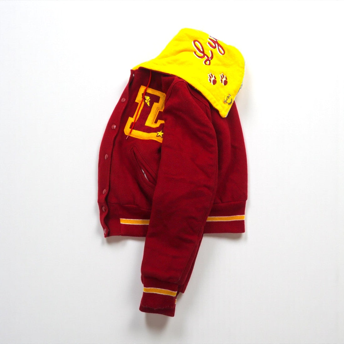 DeLONG 90s Made in USA Vintage Letter Varsity Jacket, XL Wool, Rabbit Hoodie, Sailor Color Embroidery, Patch, and Pin Badge Included.
