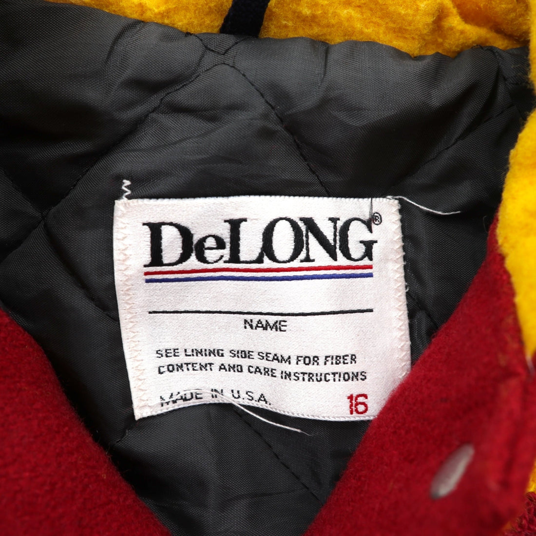 DeLONG 90s Made in USA Vintage Letter Varsity Jacket, XL Wool, Rabbit Hoodie, Sailor Color Embroidery, Patch, and Pin Badge Included.