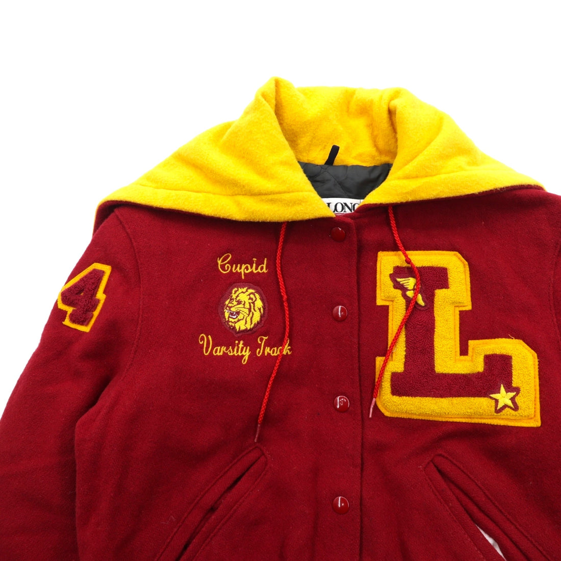 DeLONG 90s Made in USA Vintage Letter Varsity Jacket, XL Wool, Rabbit Hoodie, Sailor Color Embroidery, Patch, and Pin Badge Included.