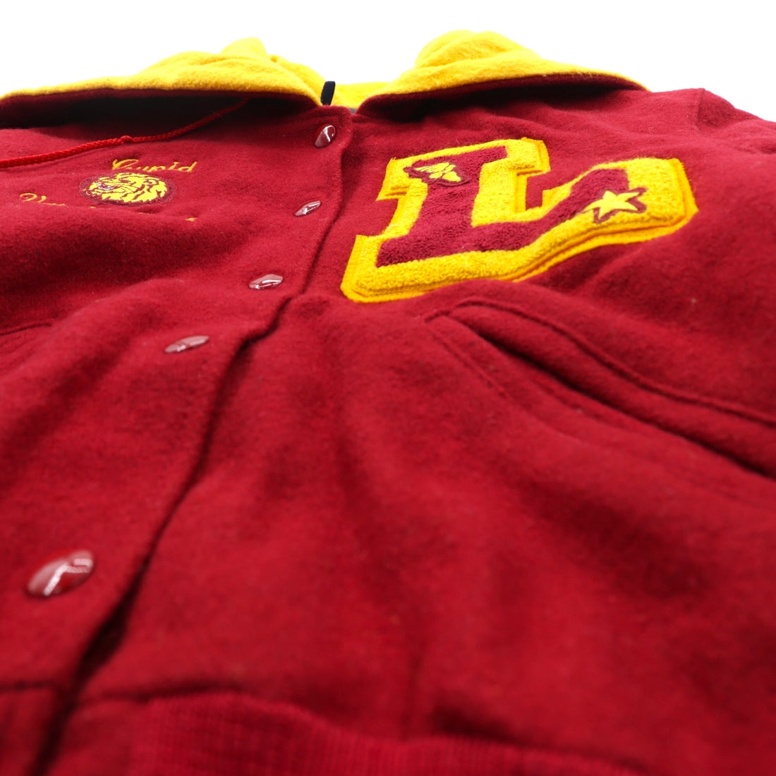DeLONG 90s Made in USA Vintage Letter Varsity Jacket, XL Wool, Rabbit Hoodie, Sailor Color Embroidery, Patch, and Pin Badge Included.