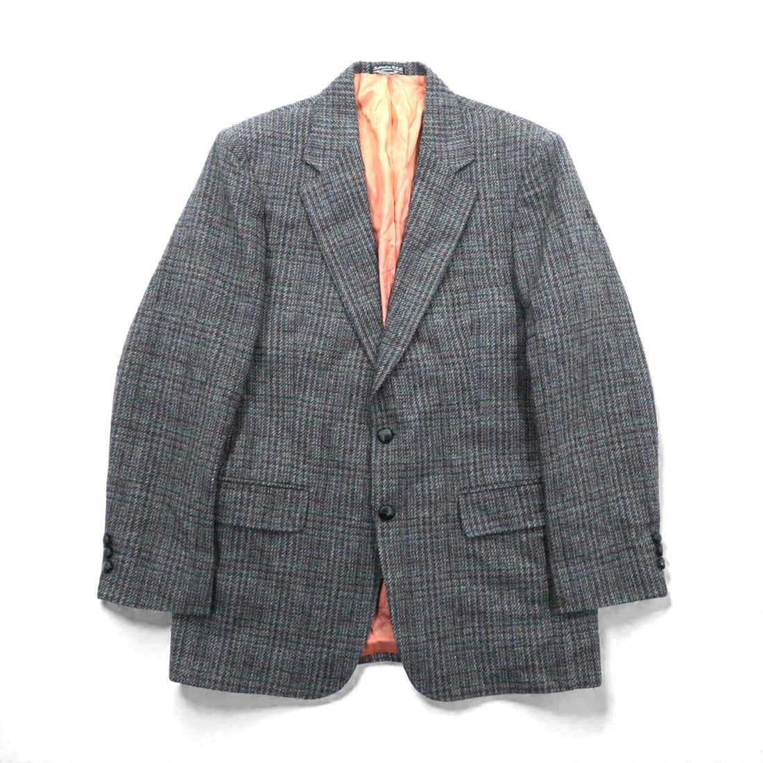 AUSTIN MANOR 80s Made in USA Vintage Tweed 2B Tailored Jacket, Leather, Large, Wool Glen Check, Covered Buttons