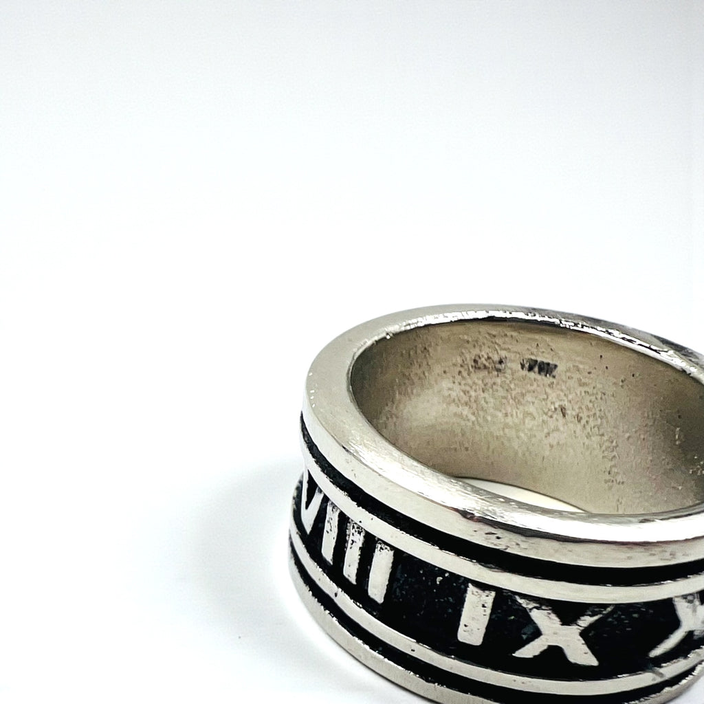 Vintage Silver Ring, Roman Numeral, Size 19, 925, Wide, Gothic