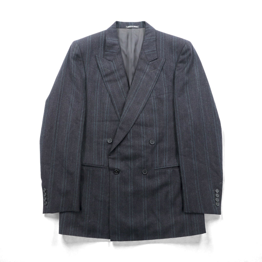 Ermenegildo Zegna Made in Italy Peak Lapel Double-Breasted Tailored Jacket Leather L Gray Wool Stripe