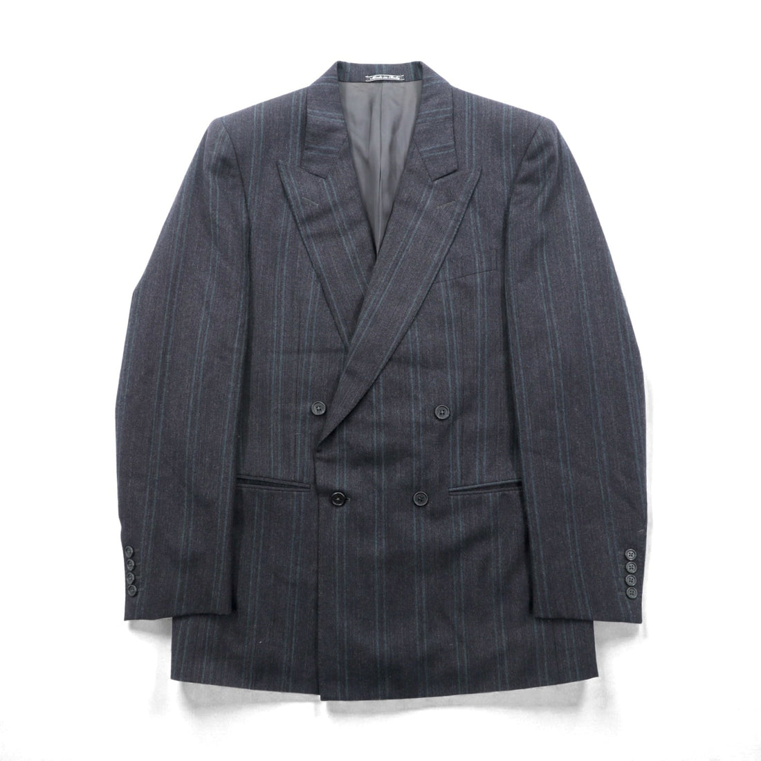Ermenegildo Zegna Made in Italy Peak Lapel Double-Breasted Tailored Jacket Leather L Gray Wool Stripe