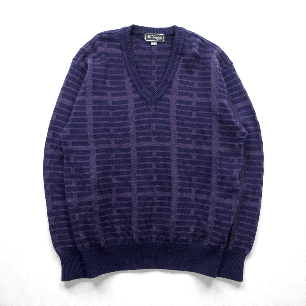 S.T. Dupont Made in Japan Vintage V-Neck Jacquard Knit Sweater, Large, Navy Wool