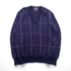 S.T. Dupont Made in Japan Vintage V-Neck Jacquard Knit Sweater, Large, Navy Wool