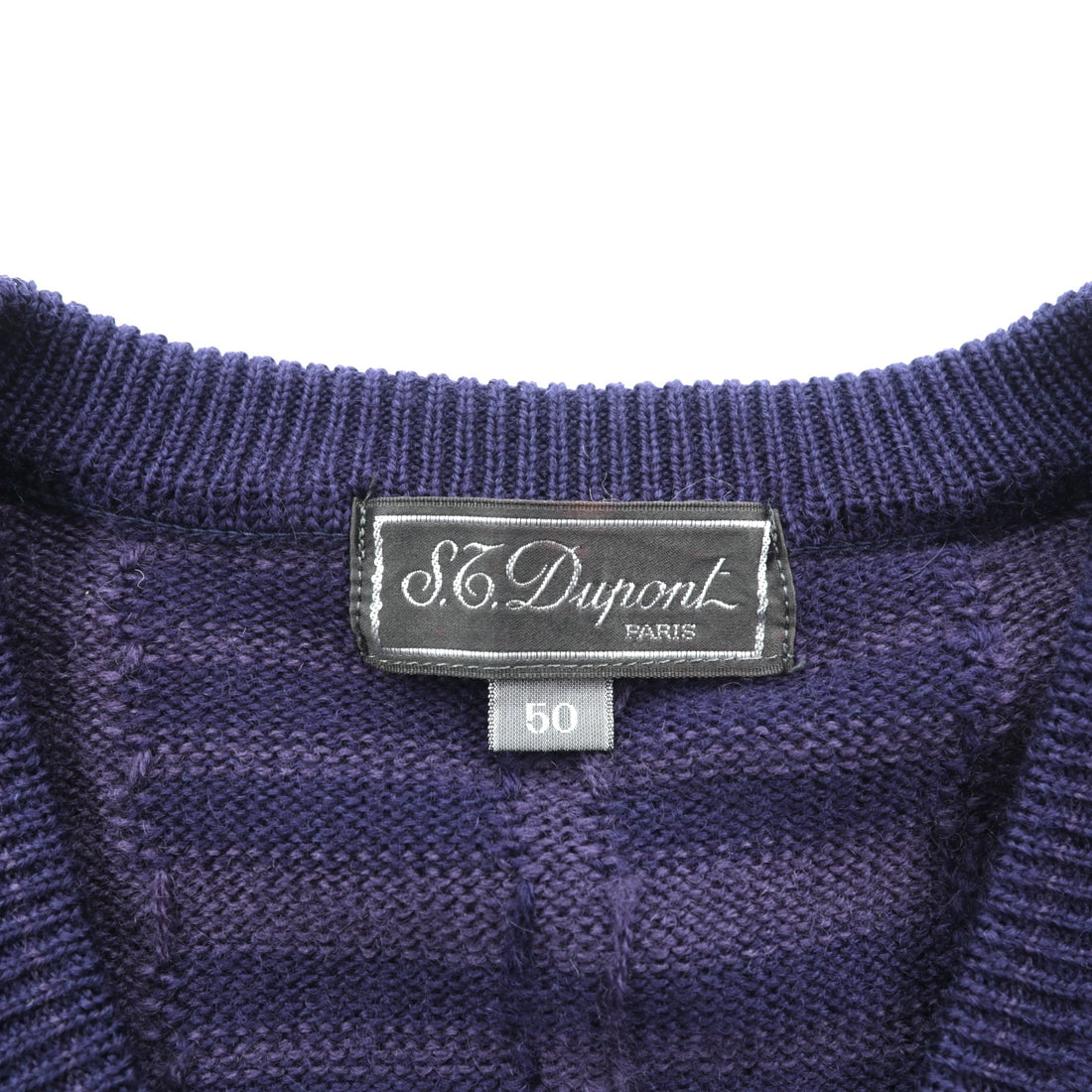 S.T. Dupont Made in Japan Vintage V-Neck Jacquard Knit Sweater, Large, Navy Wool