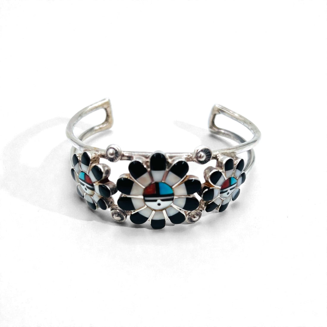 Vintage Silver Cuff Bracelet with Zuni Sun Face Bangle Inlay, Sterling Silver, Hallmark Indian Jewelry
