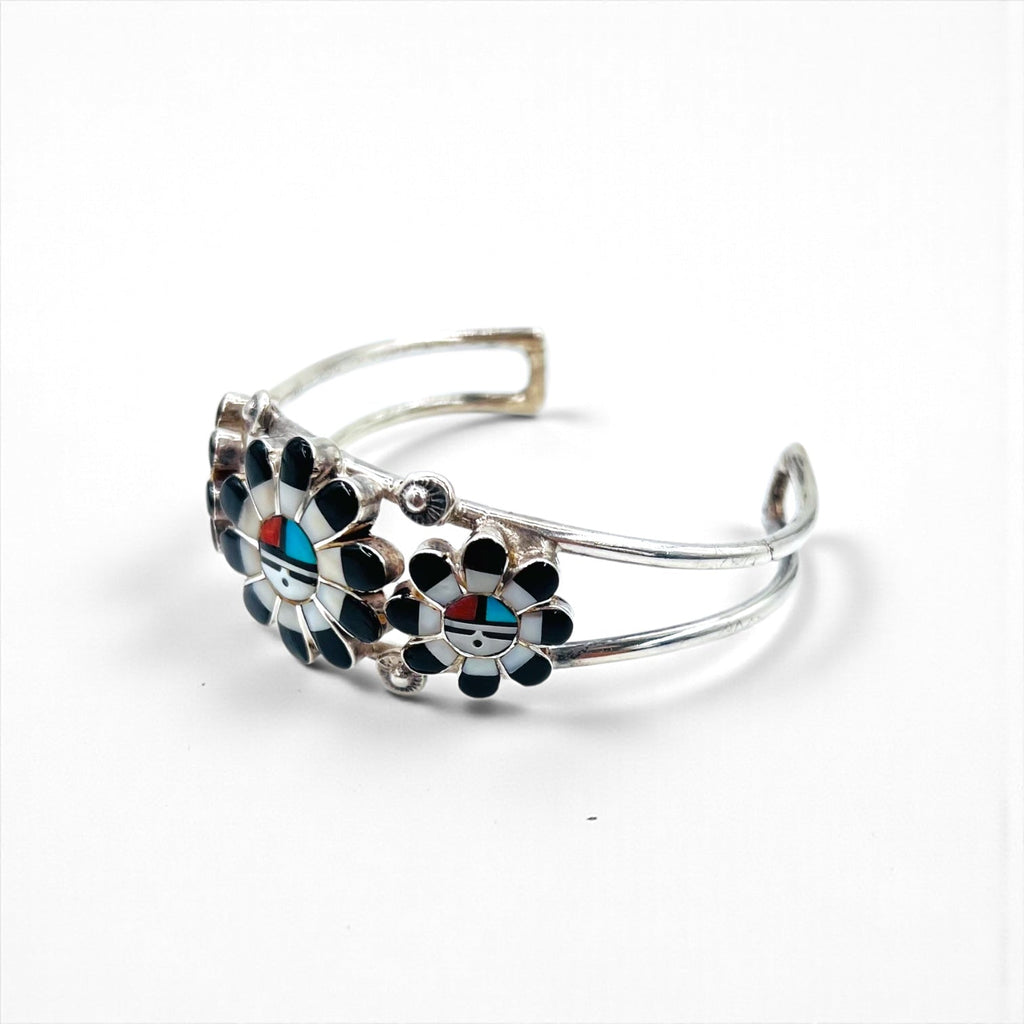 Vintage Silver Cuff Bracelet with Zuni Sun Face Bangle Inlay, Sterling Silver, Hallmark Indian Jewelry