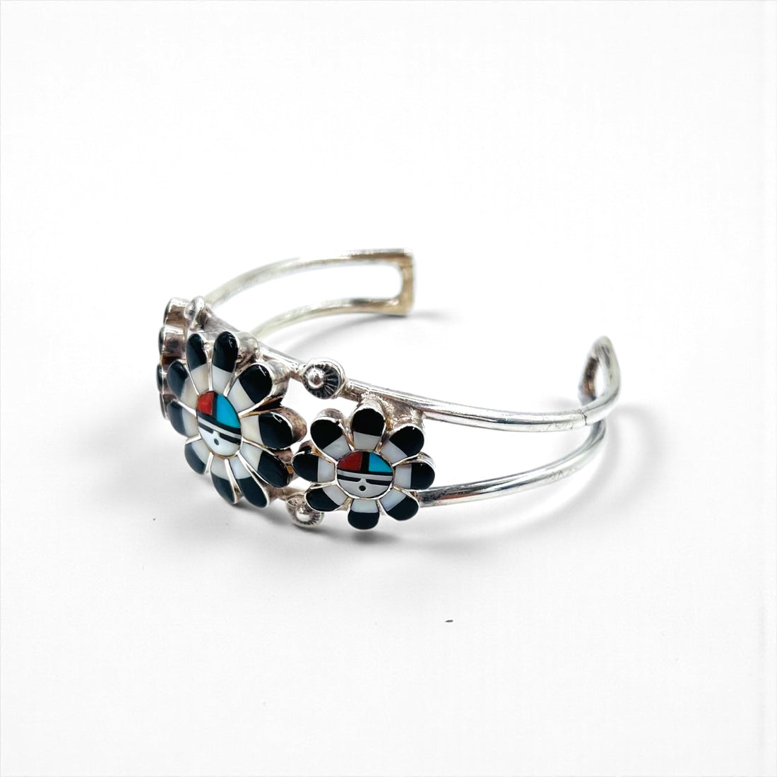 Vintage Silver Cuff Bracelet with Zuni Sun Face Bangle Inlay, Sterling Silver, Hallmark Indian Jewelry