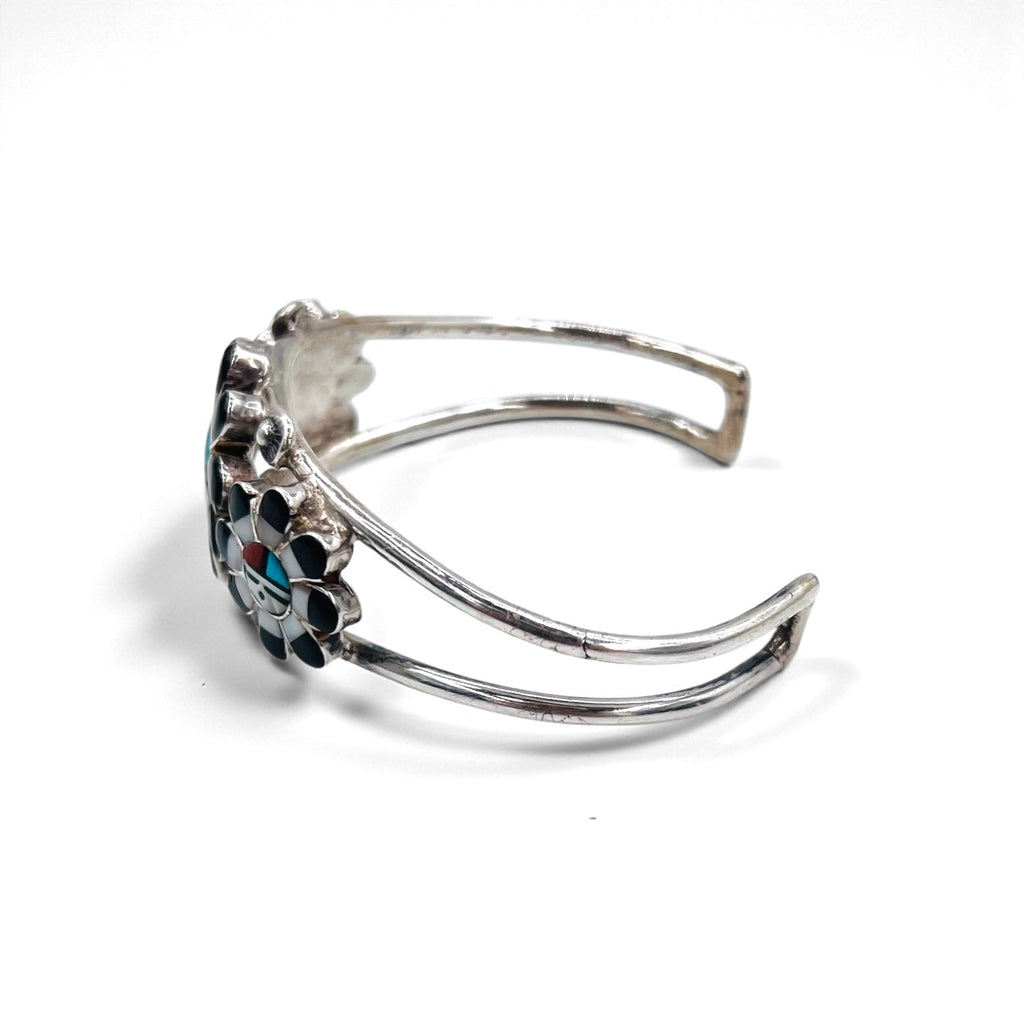 Vintage Silver Cuff Bracelet with Zuni Sun Face Bangle Inlay, Sterling Silver, Hallmark Indian Jewelry