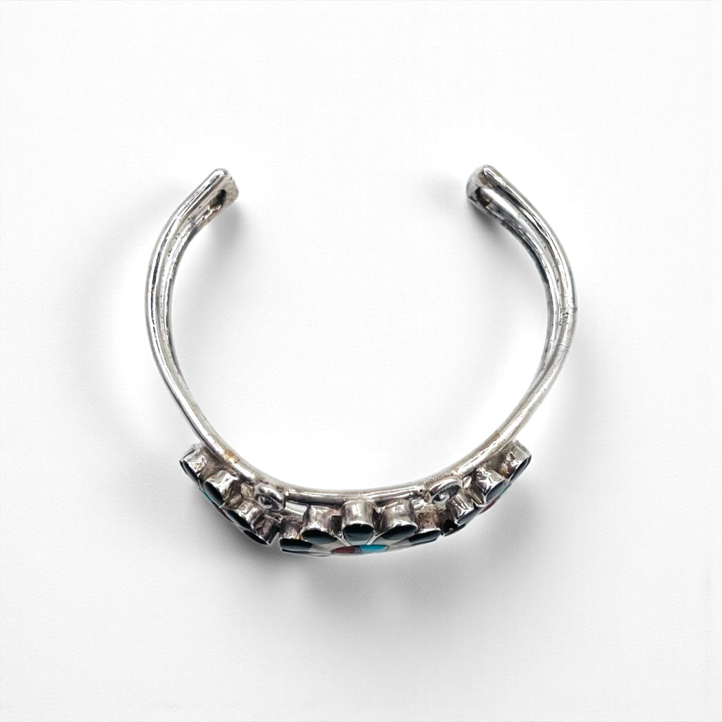 Vintage Silver Cuff Bracelet with Zuni Sun Face Bangle Inlay, Sterling Silver, Hallmark Indian Jewelry