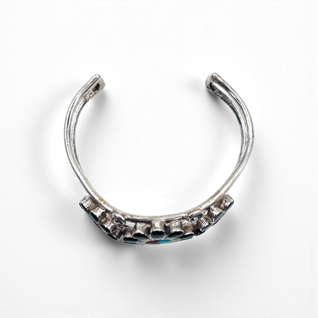 Vintage Silver Cuff Bracelet with Zuni Sun Face Bangle Inlay, Sterling Silver, Hallmark Indian Jewelry