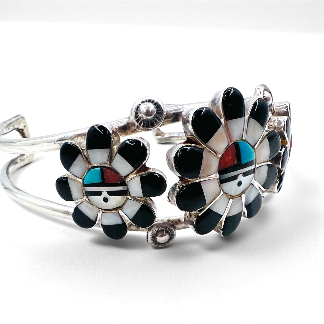 Vintage Silver Cuff Bracelet with Zuni Sun Face Bangle Inlay, Sterling Silver, Hallmark Indian Jewelry
