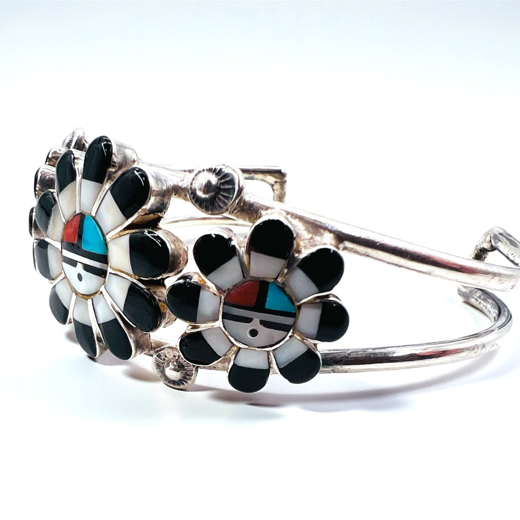 Vintage Silver Cuff Bracelet with Zuni Sun Face Bangle Inlay, Sterling Silver, Hallmark Indian Jewelry