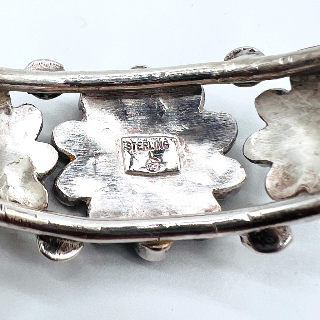 Vintage Silver Cuff Bracelet with Zuni Sun Face Bangle Inlay, Sterling Silver, Hallmark Indian Jewelry