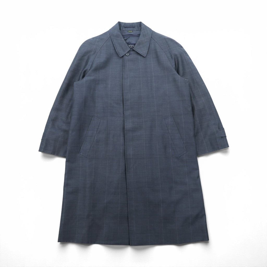 SANYO COAT Made in Japan Balmacaan Soutien Collar L Navy Check with Detachable Quilted Liner and Mohair Blend Bi-Flap