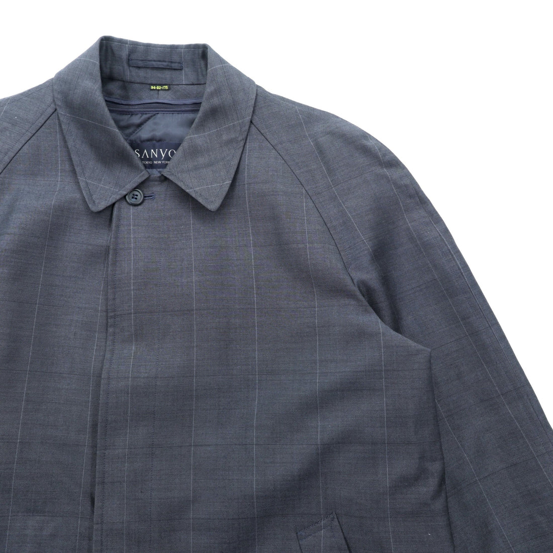 SANYO COAT Made in Japan Balmacaan Soutien Collar L Navy Check with Detachable Quilted Liner and Mohair Blend Bi-Flap