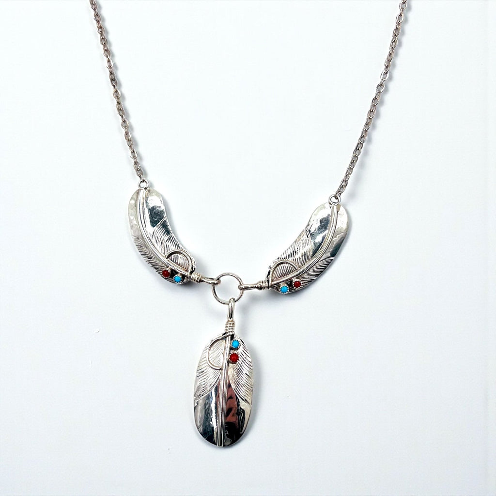 CHARLEY Vintage Navajo Necklace with Feather, Silver, Sterling Hallmark Indian Jewelry