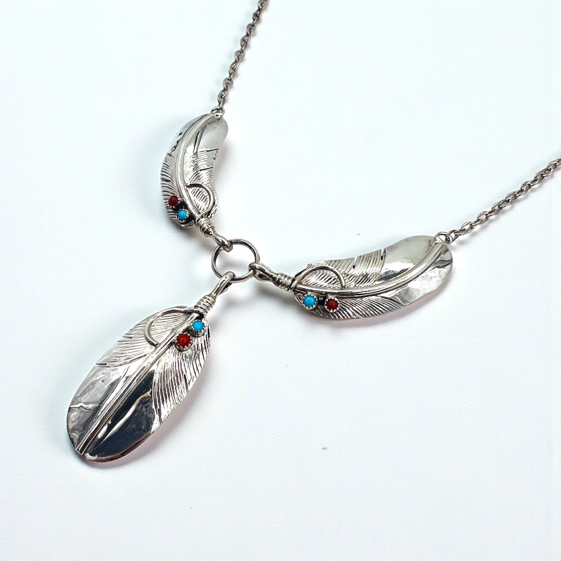 CHARLEY Vintage Navajo Necklace with Feather, Silver, Sterling Hallmark Indian Jewelry