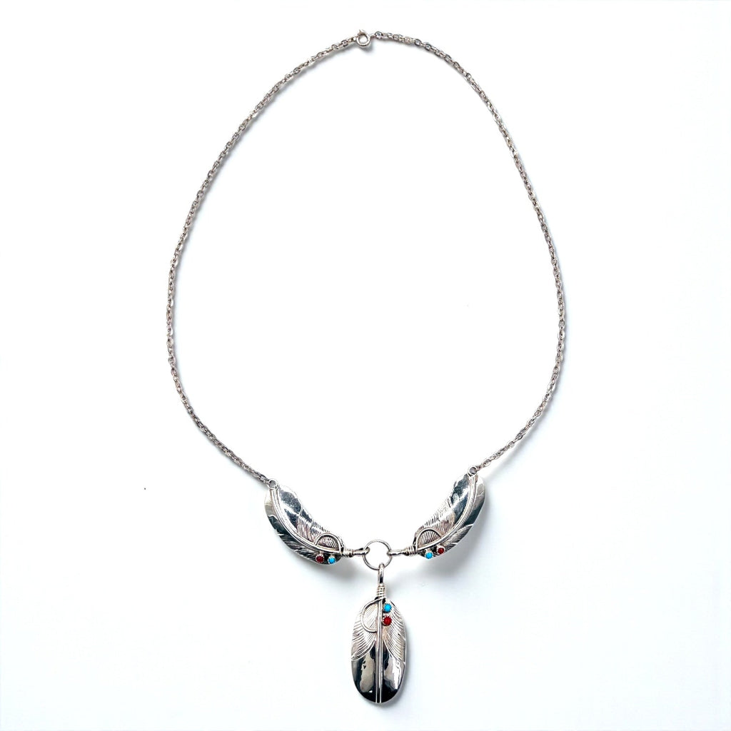 CHARLEY Vintage Navajo Necklace with Feather, Silver, Sterling Hallmark Indian Jewelry