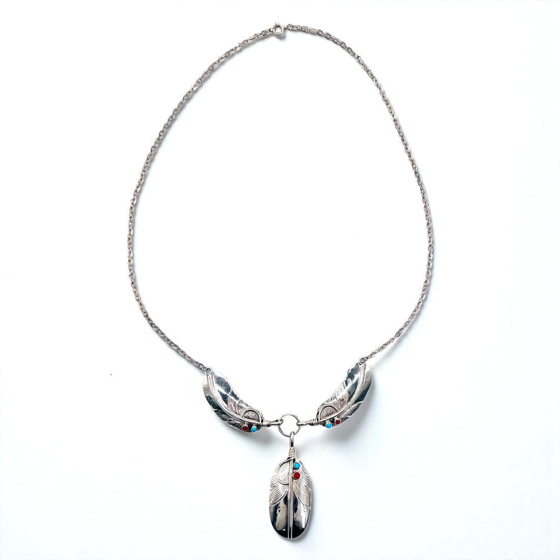 CHARLEY Vintage Navajo Necklace with Feather, Silver, Sterling Hallmark Indian Jewelry