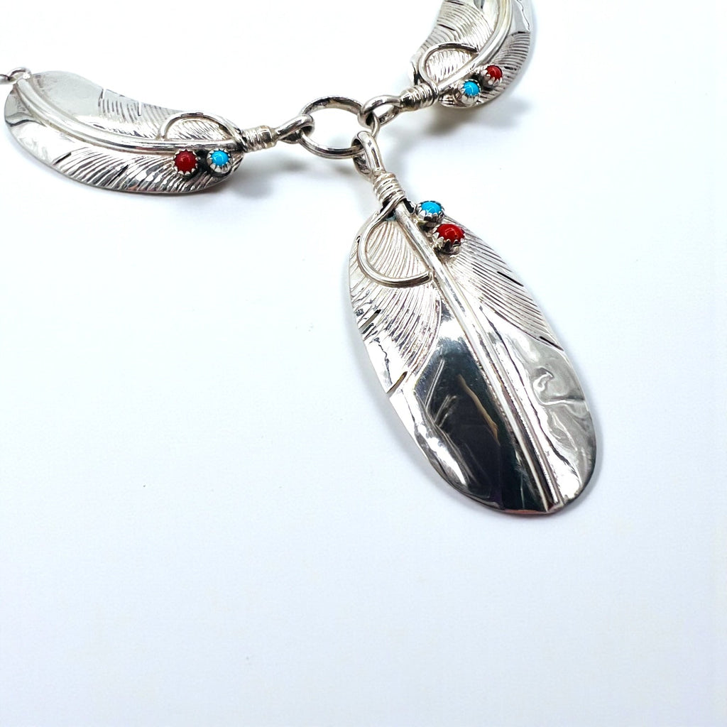 CHARLEY Vintage Navajo Necklace with Feather, Silver, Sterling Hallmark Indian Jewelry