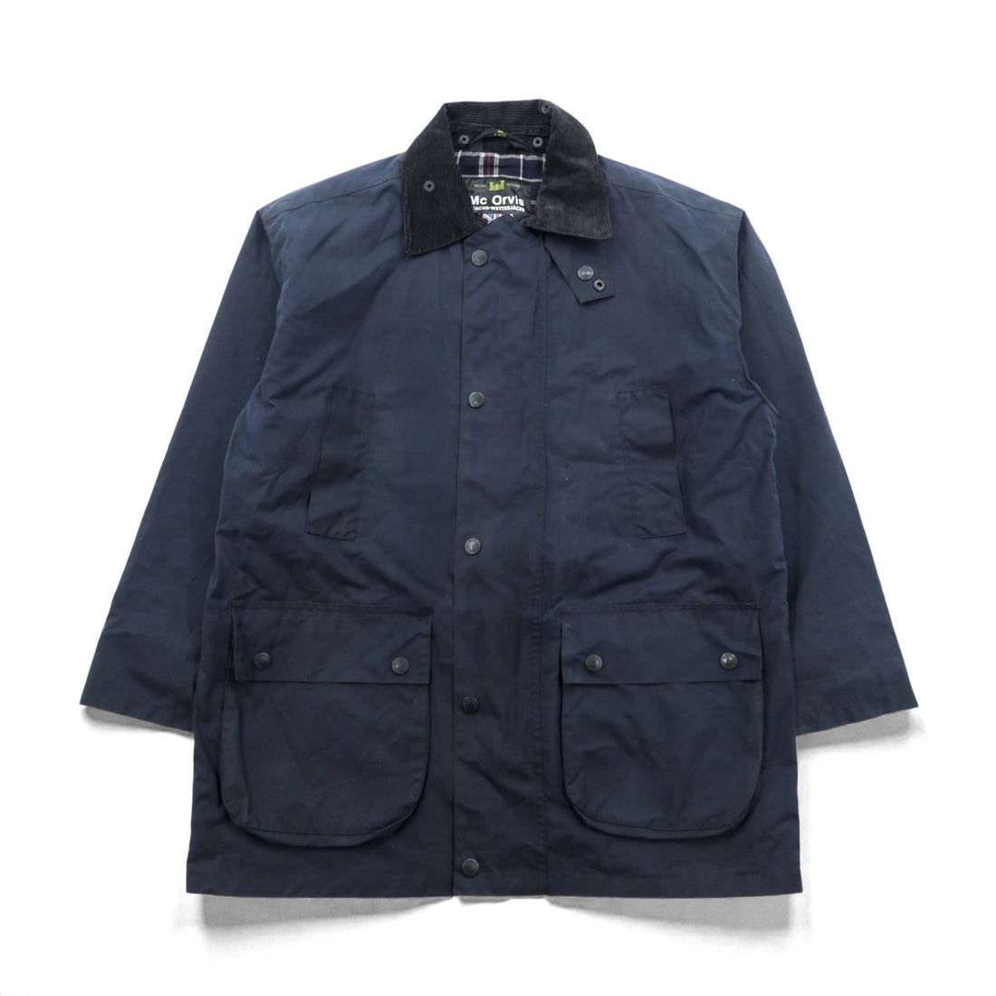 Mc Orvis Waxed Cotton Hunting Jacket, Made in the UK, XL Navy, Corduroy Double Zip Collar, Check Lining