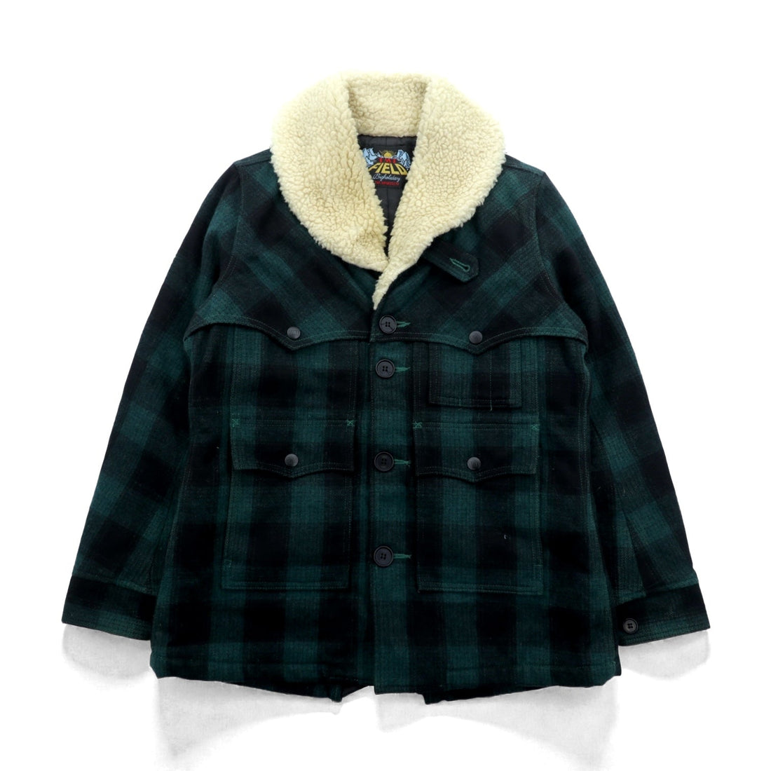 TMT FIELDS Boa Collar Ranch Coat, Gangster Size M, Green Wool Check, Chin Strap, Made in Japan, TJK-F1306