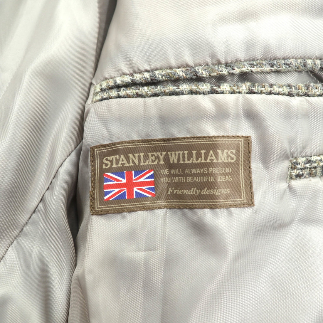 STANLEY WILLIAMS Tweed 2B Tailored Jacket, Leather, Large, Brown Wool Check
