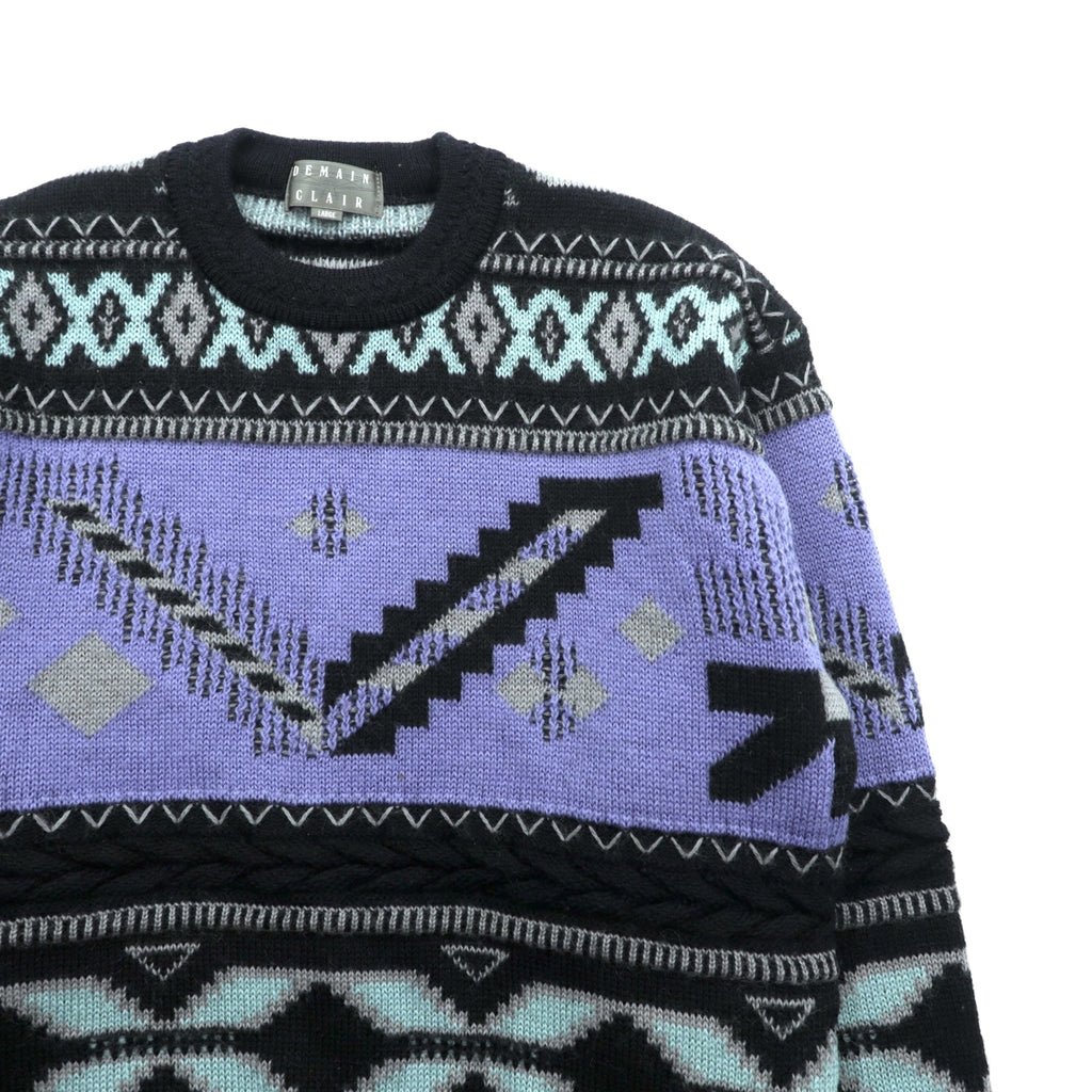 90s Japan Vintage Jacquard Knit DEMAIN CLAIR Fair Isle Sweater L Wool Allover Pattern Made in