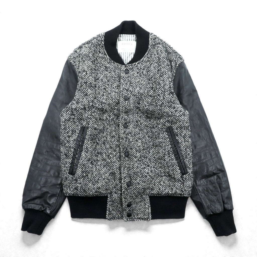 EDIFICE Varsity Jacket S with Leather Sleeves, Black Wool Herringbone, Cowhide