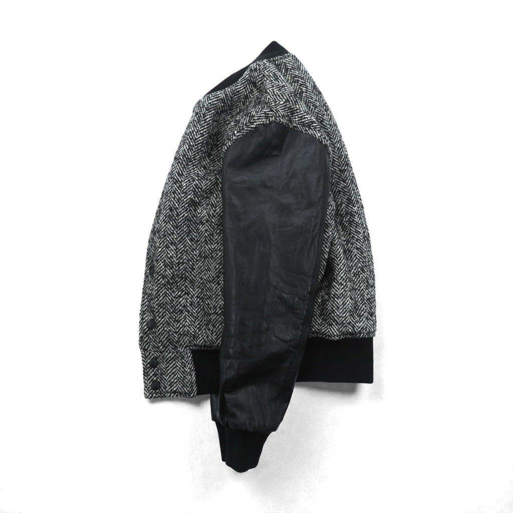 EDIFICE Varsity Jacket S with Leather Sleeves, Black Wool Herringbone, Cowhide
