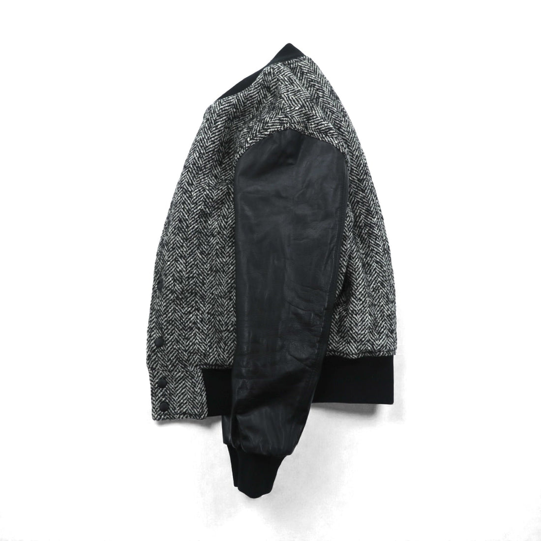 EDIFICE Varsity Jacket S with Leather Sleeves, Black Wool Herringbone, Cowhide