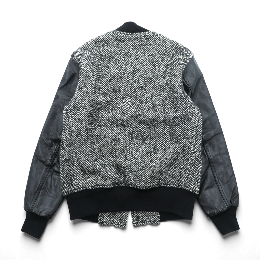 EDIFICE Varsity Jacket S with Leather Sleeves, Black Wool Herringbone, Cowhide