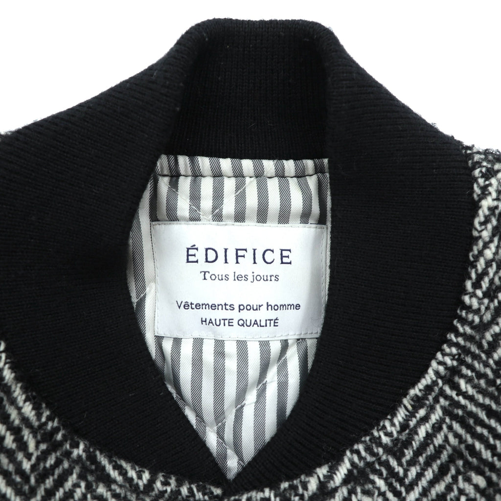 EDIFICE Varsity Jacket S with Leather Sleeves, Black Wool Herringbone, Cowhide