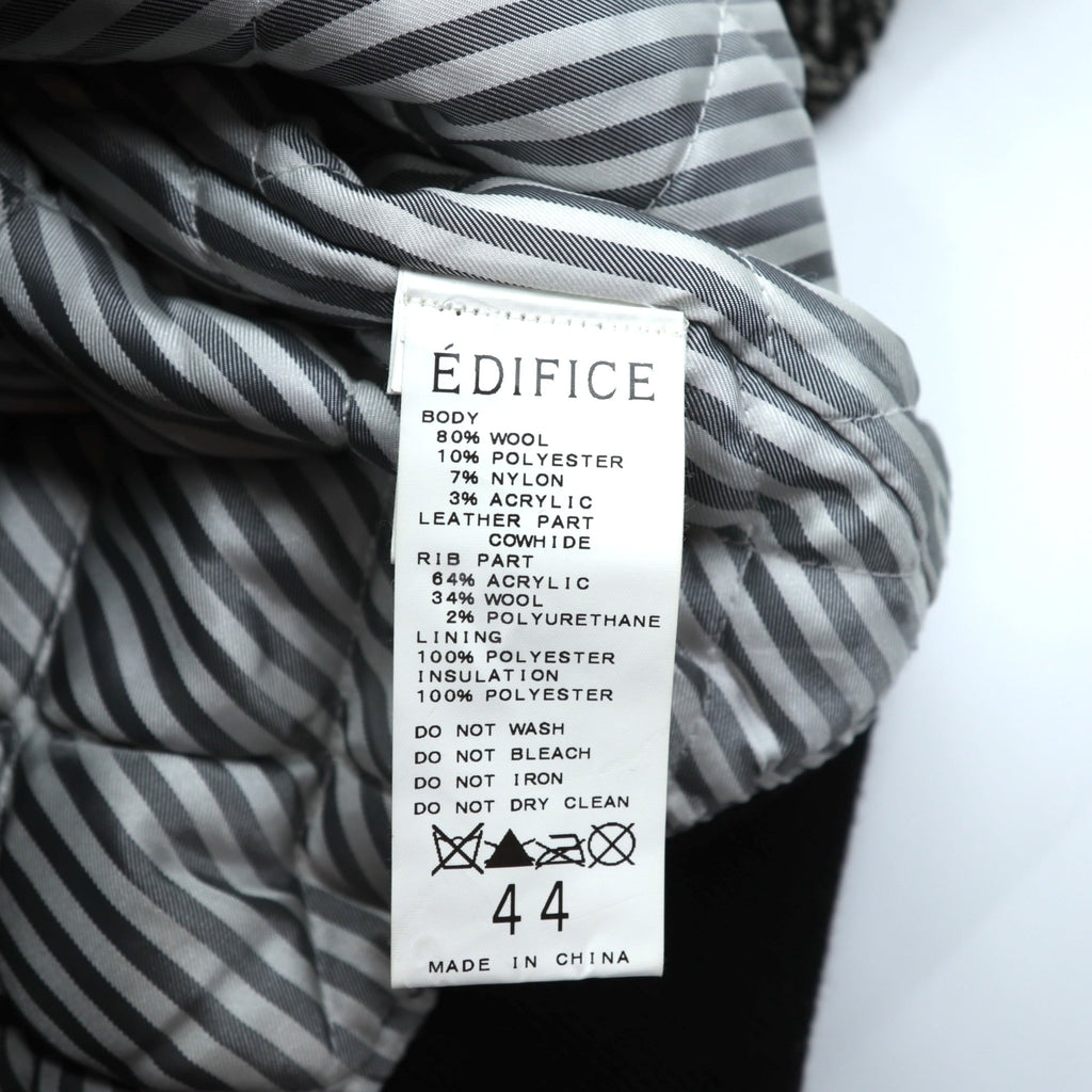 EDIFICE Varsity Jacket S with Leather Sleeves, Black Wool Herringbone, Cowhide