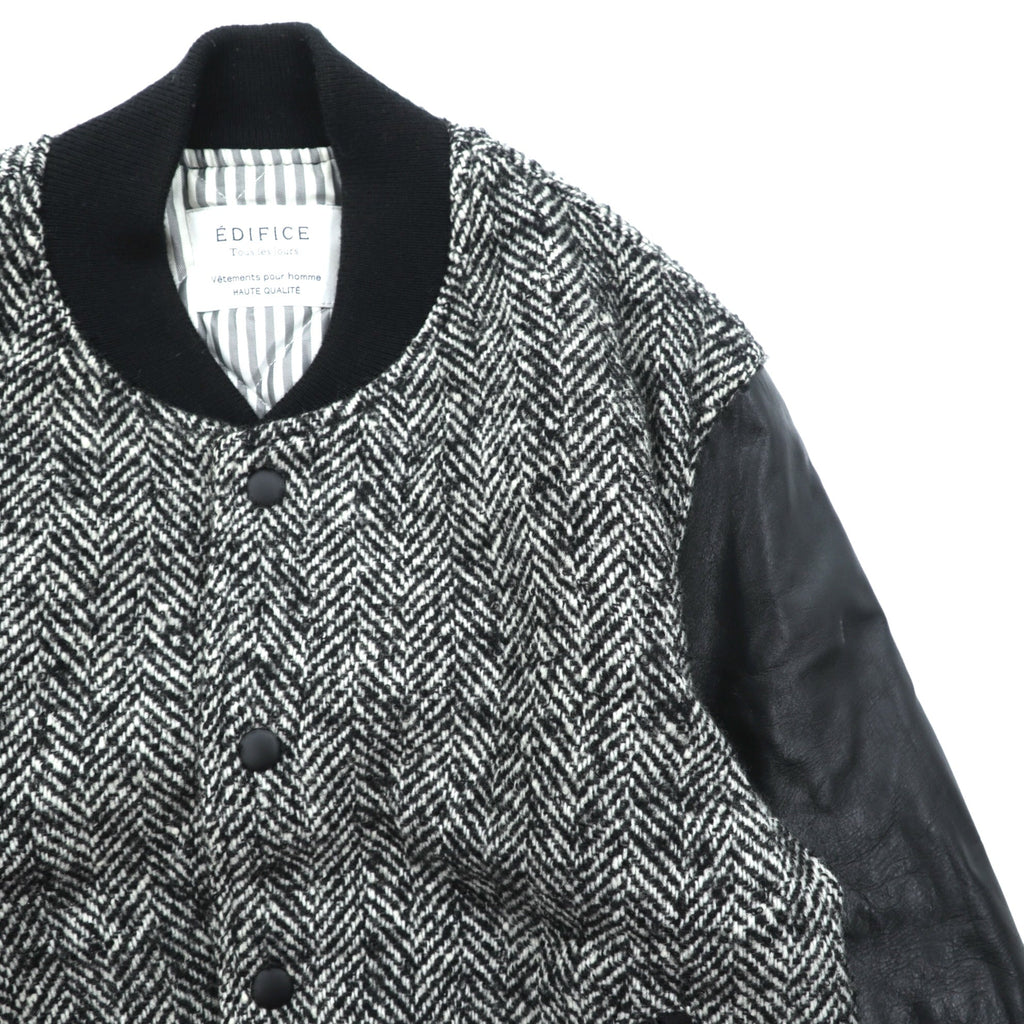 EDIFICE Varsity Jacket S with Leather Sleeves, Black Wool Herringbone, Cowhide
