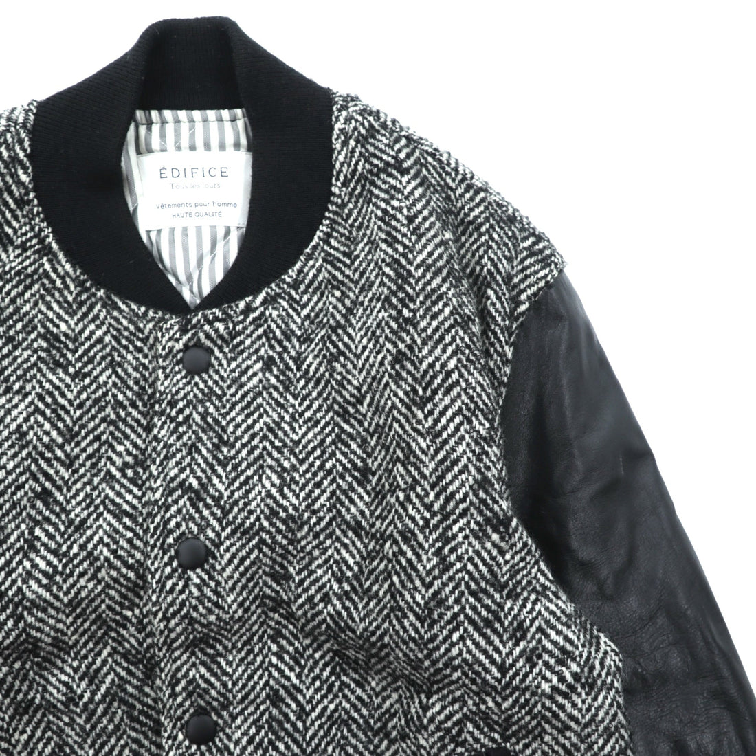 EDIFICE Varsity Jacket S with Leather Sleeves, Black Wool Herringbone, Cowhide