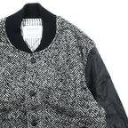 EDIFICE Varsity Jacket S with Leather Sleeves, Black Wool Herringbone, Cowhide