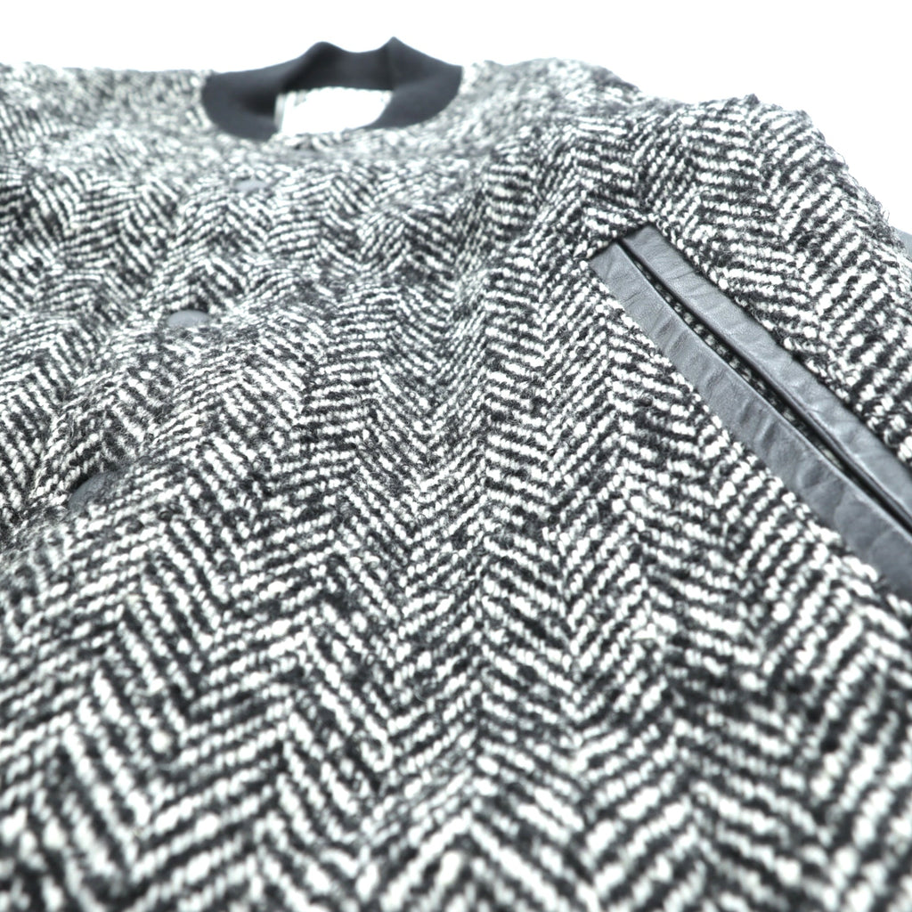 EDIFICE Varsity Jacket S with Leather Sleeves, Black Wool Herringbone, Cowhide