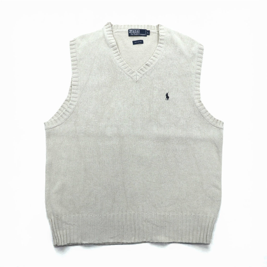 Polo Ralph Lauren 90年代 Vネック コットンニット ベスト L ベージュ スモールポニー刺繍