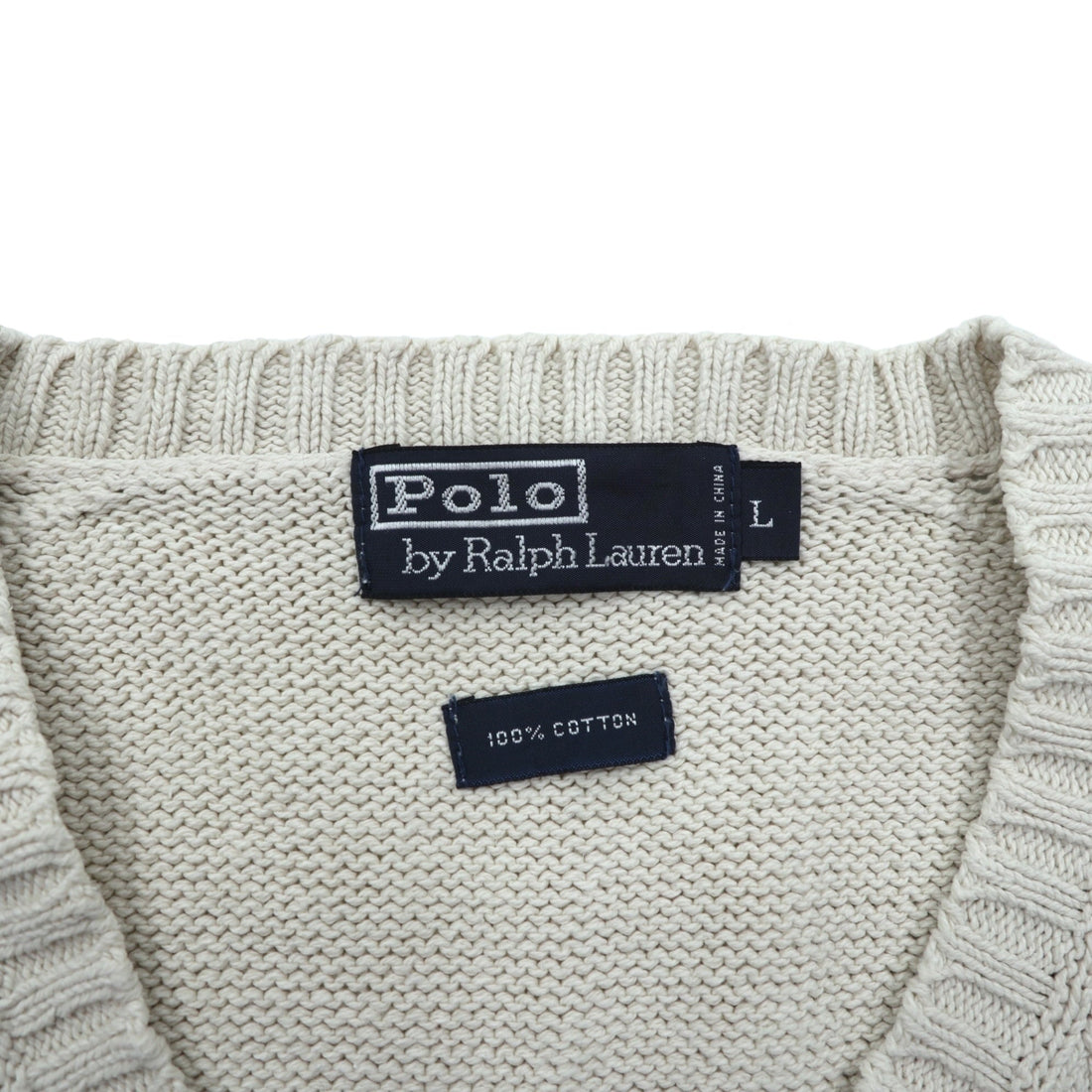 Polo Ralph Lauren 90年代 Vネック コットンニット ベスト L ベージュ スモールポニー刺繍