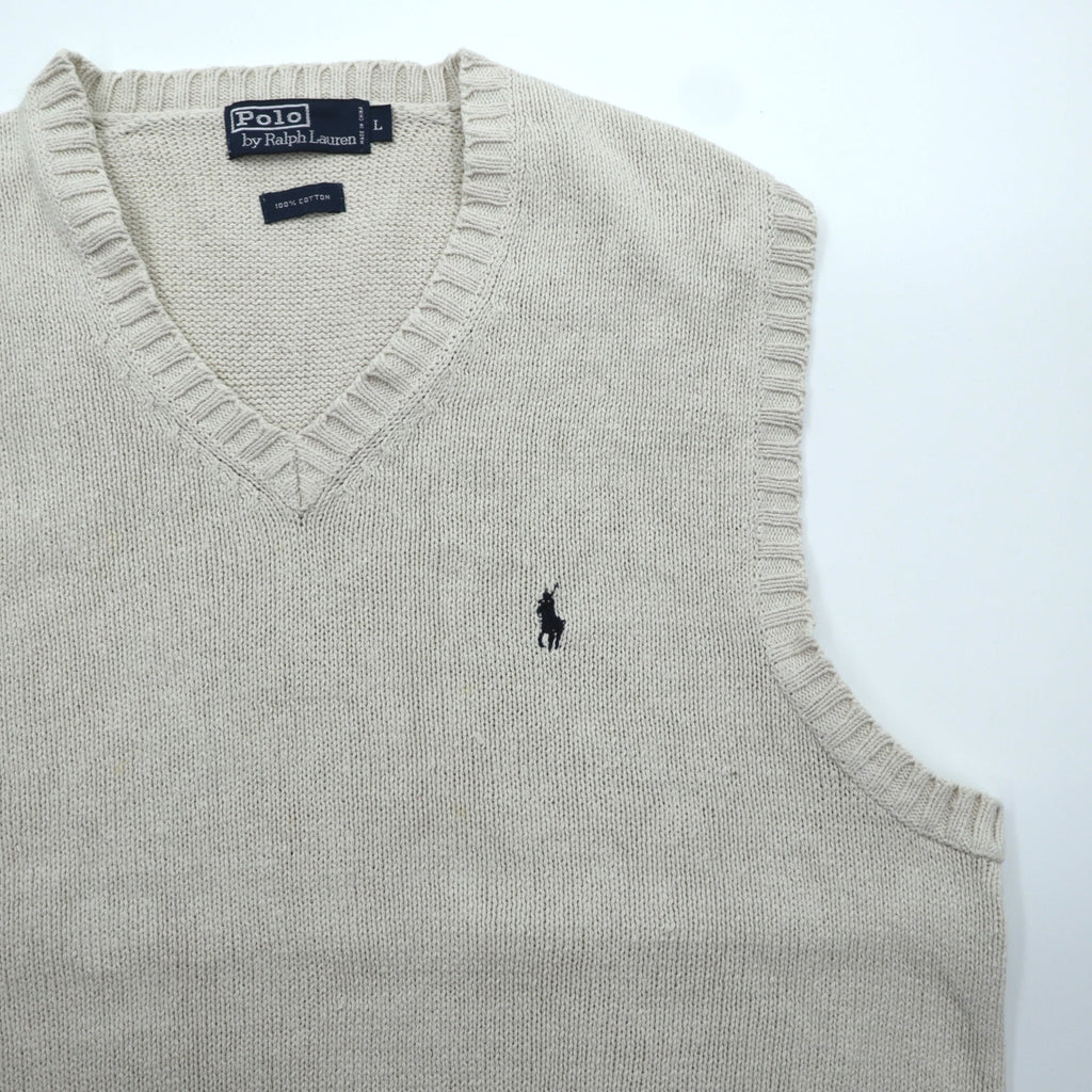 Polo Ralph Lauren 90年代 Vネック コットンニット ベスト L ベージュ スモールポニー刺繍