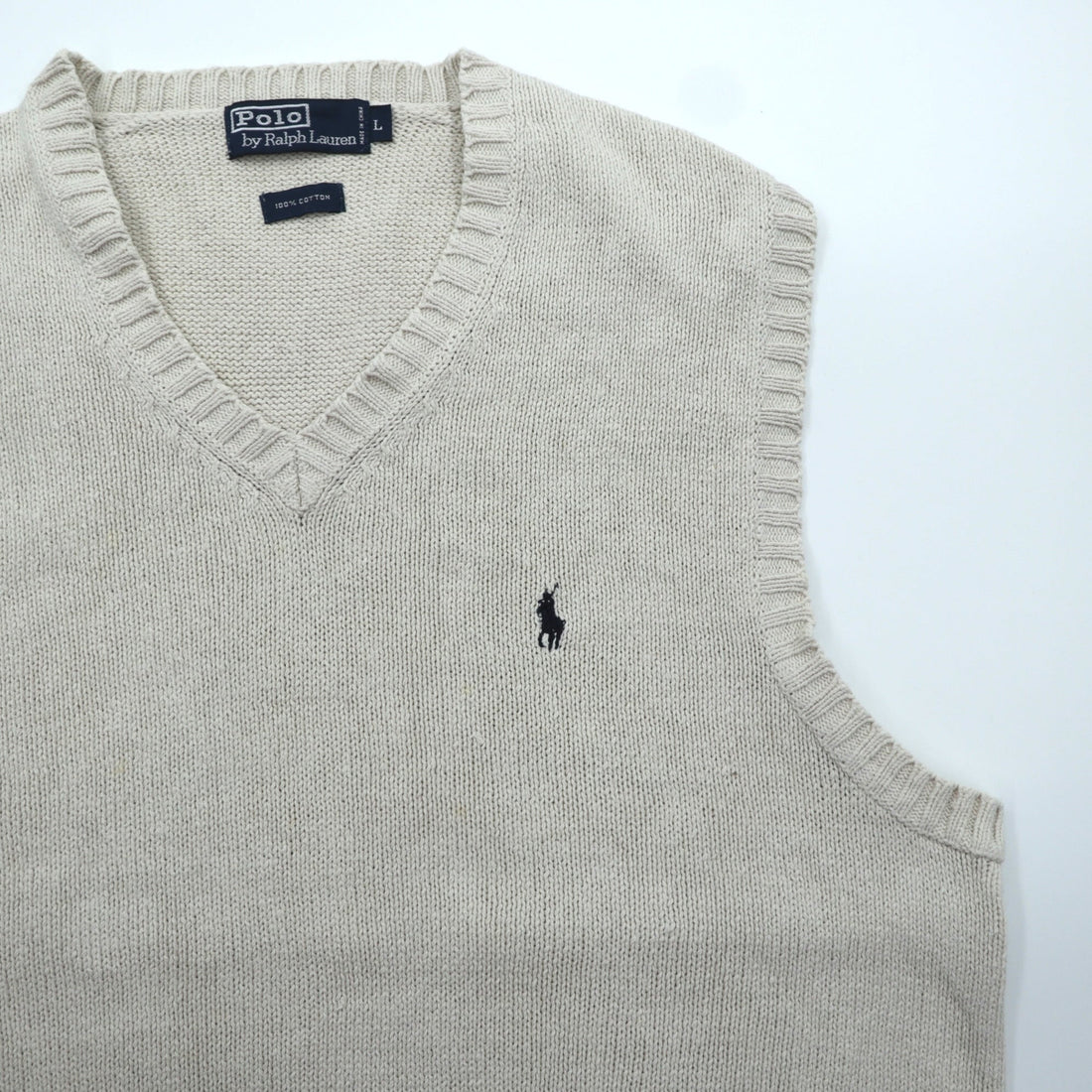 Polo Ralph Lauren 90年代 Vネック コットンニット ベスト L ベージュ スモールポニー刺繍