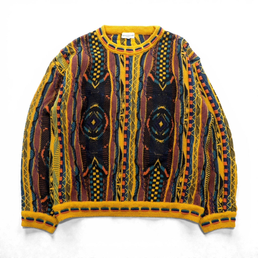 Giovanni Uomo 90s Italy Vintage 3D Textured Knitwear Knit Sweater M Yellow Allover Pattern