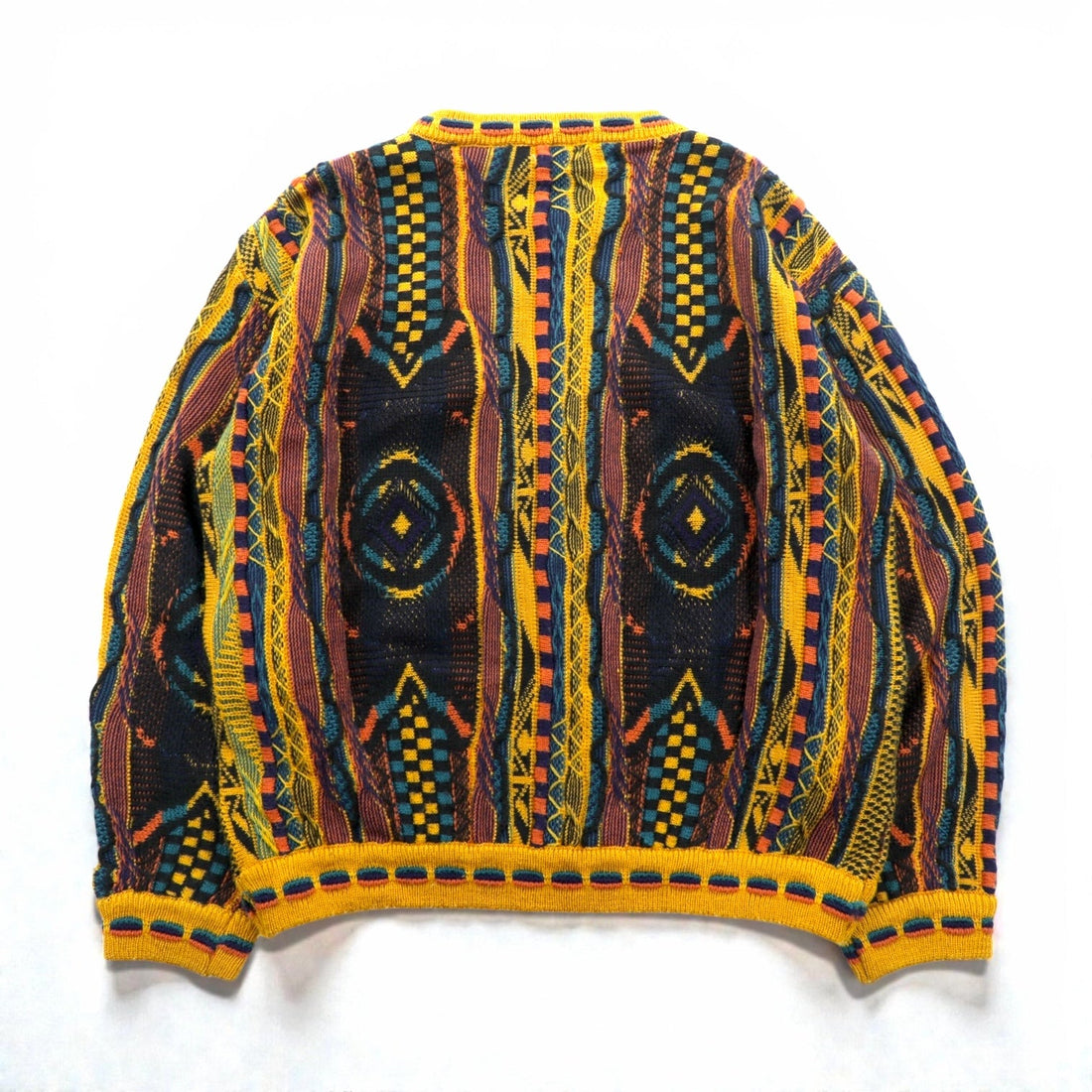 Giovanni Uomo 90s Italy Vintage 3D Textured Knitwear Knit Sweater M Yellow Allover Pattern