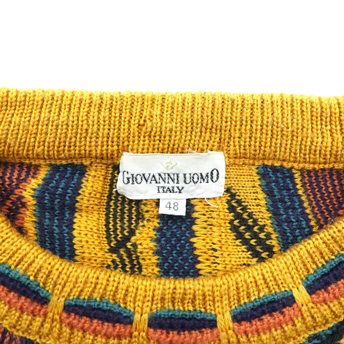 Giovanni Uomo 90s Italy Vintage 3D Textured Knitwear Knit Sweater M Yellow Allover Pattern