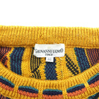 Giovanni Uomo 90s Italy Vintage 3D Textured Knitwear Knit Sweater M Yellow Allover Pattern