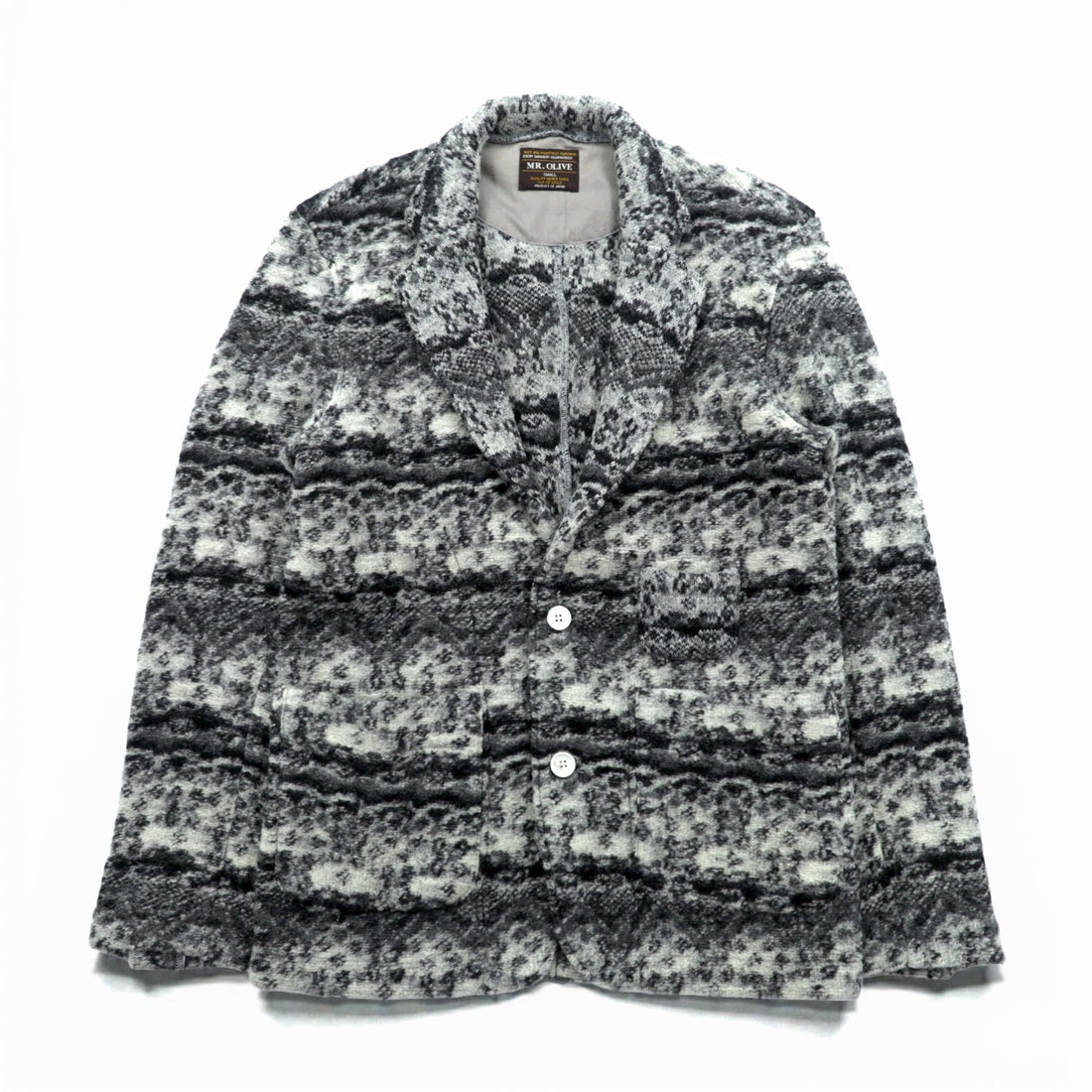 MR.OLIVE Jacquard Knit Allover Pattern Tailored Jacket, Leather, Gray Wool, Size S, M-3359, Made in Japan